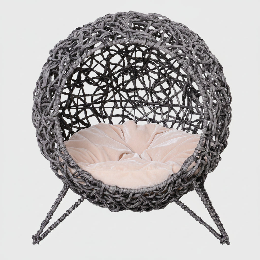 Panier chat lit surélevé chat cosy niche grotte Ø 52 x 58H cm coussin moelleux inclus résine tressée imitation-2