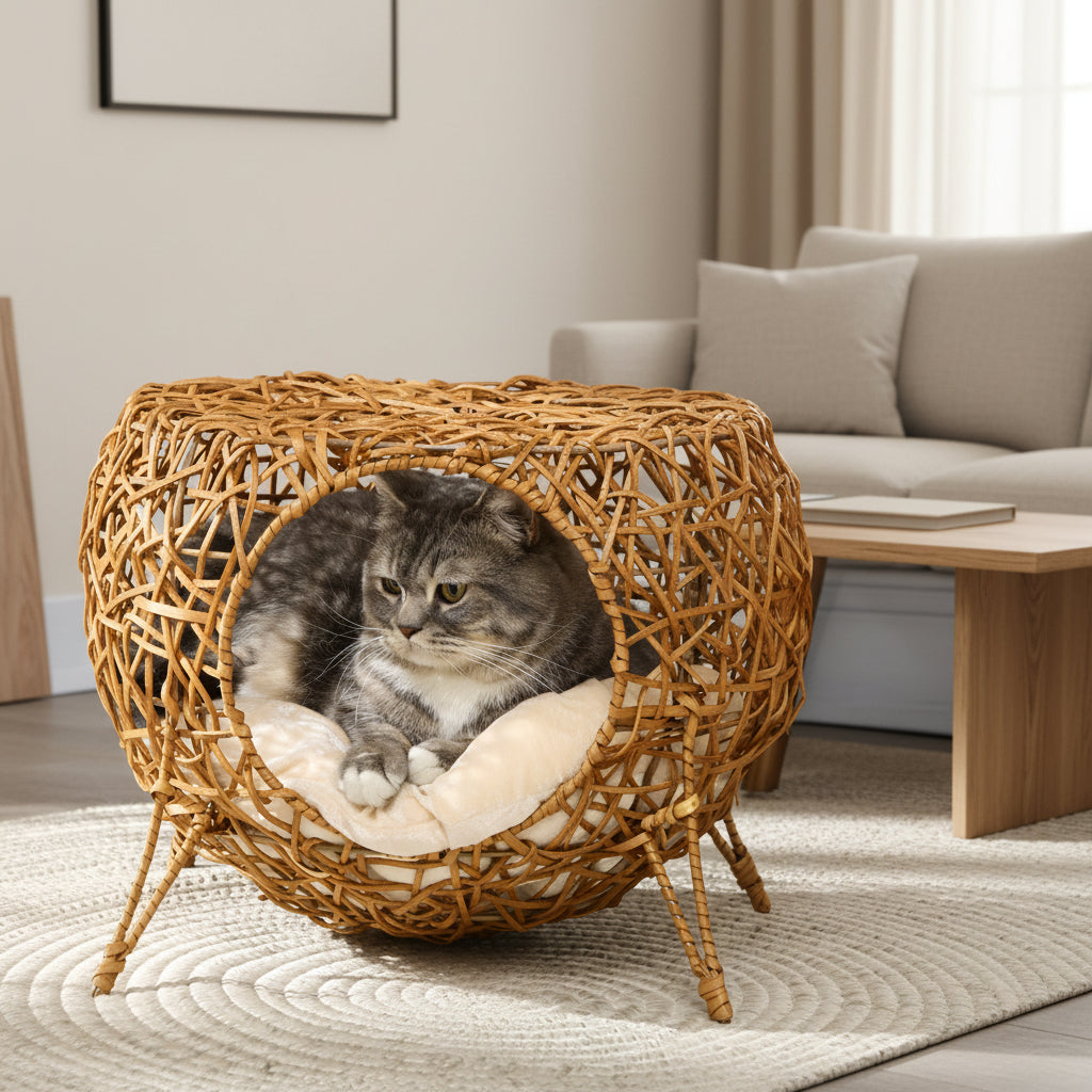 Niche pour chat lit pour chat panier chat maison de chat en rotin coussin épais Ø 40 x 32 cm marron clair-4